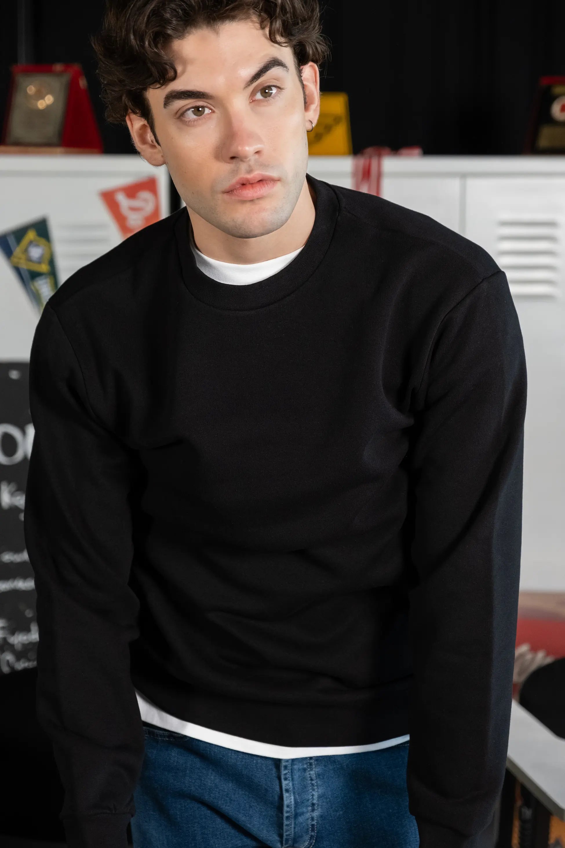 Erkek Siyah Bisiklet Yaka Basic Sweatshirt